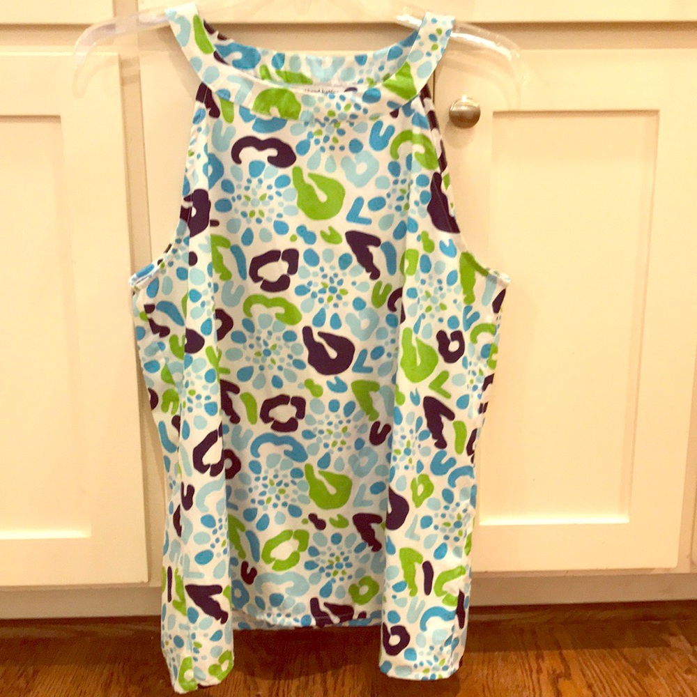 Abstract print sleeveless cutaway top blouse sz L